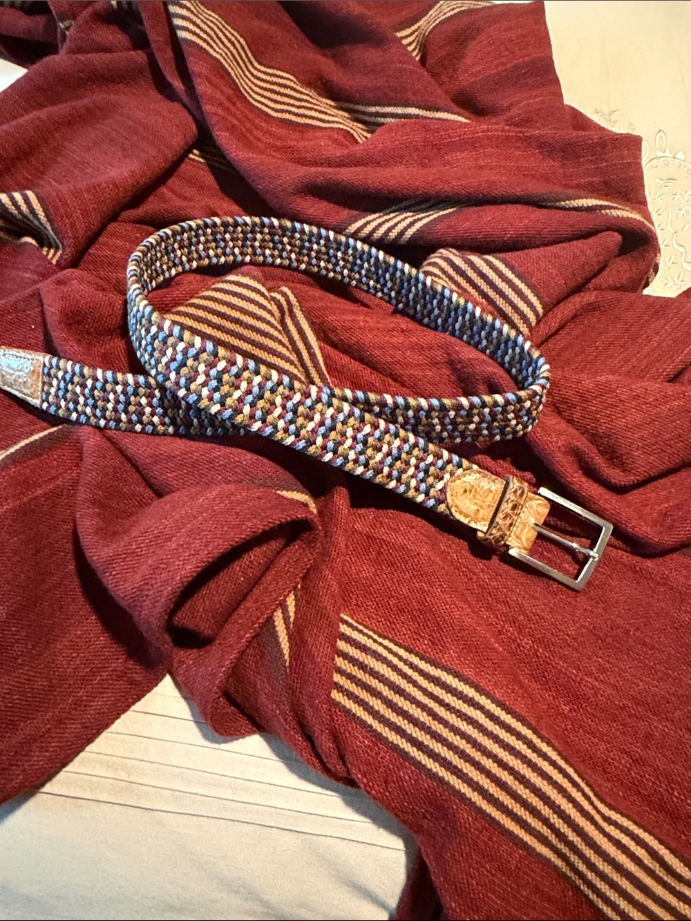 W Klienberg woven Multicolor Braided Men's Belt w/ Leather Trim blue brown rust